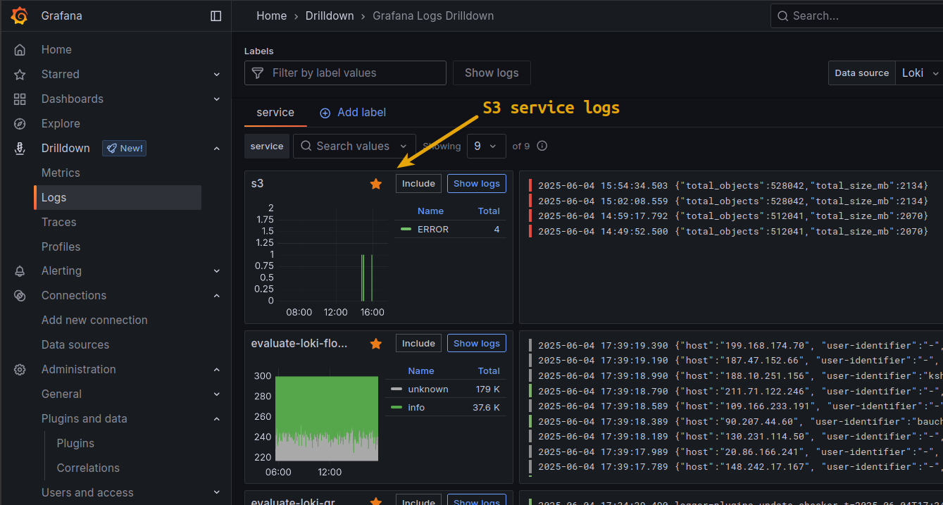 S3 service monitoring for projects