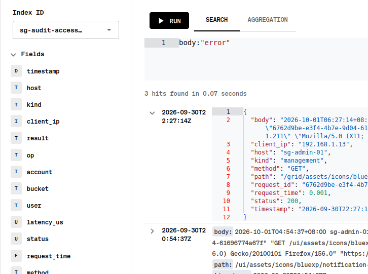 StorageGRID full text log search for error