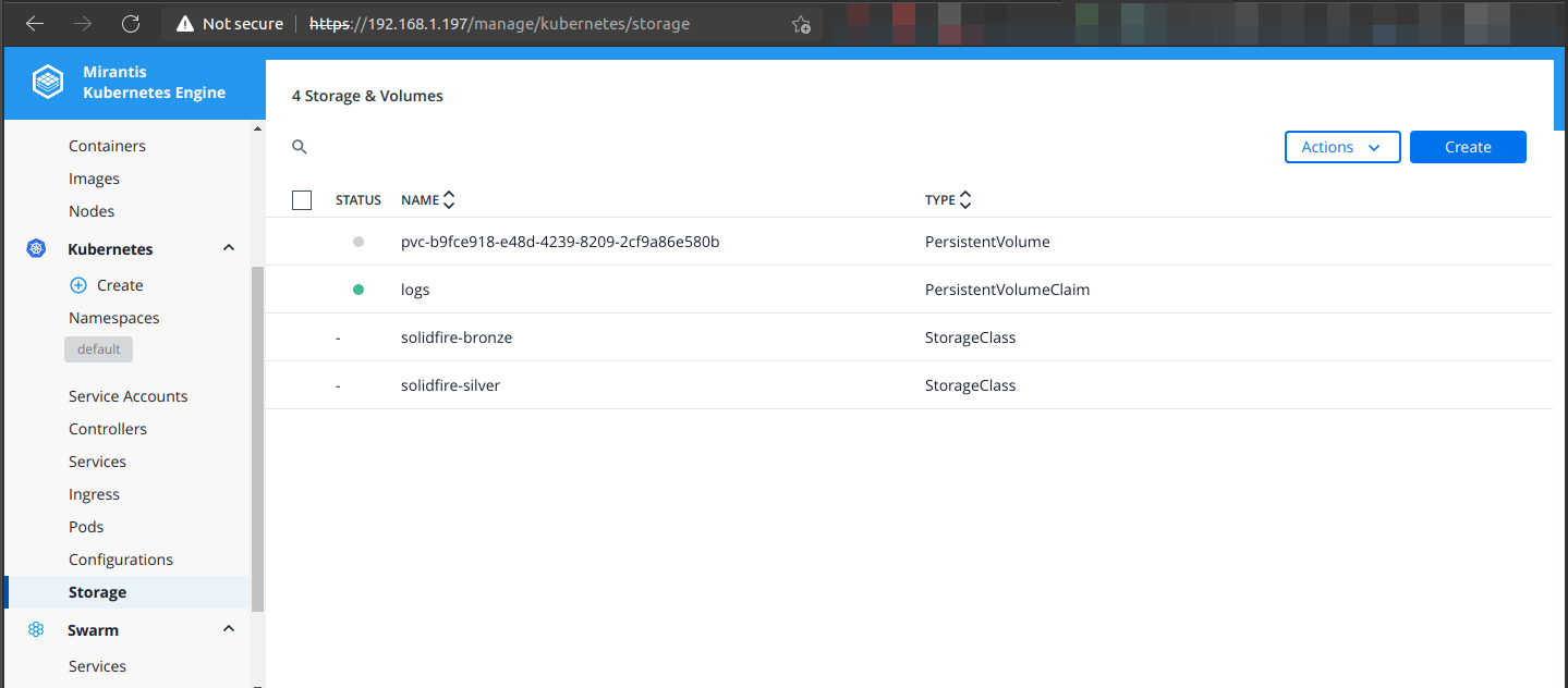 MKE storage view with Trident 21.04 and PV on SolidFire 12.2