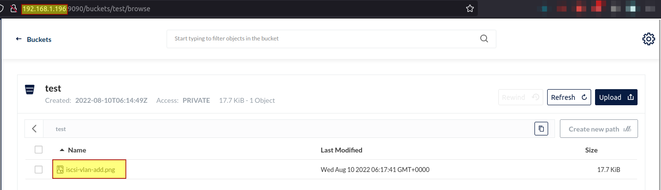 Bucket view from the other stand-alone MinIO node