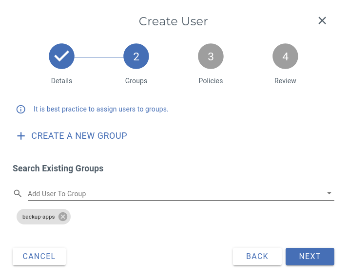 Create dedicated backup group