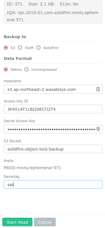 Backup SolidFire volume to Wasabi