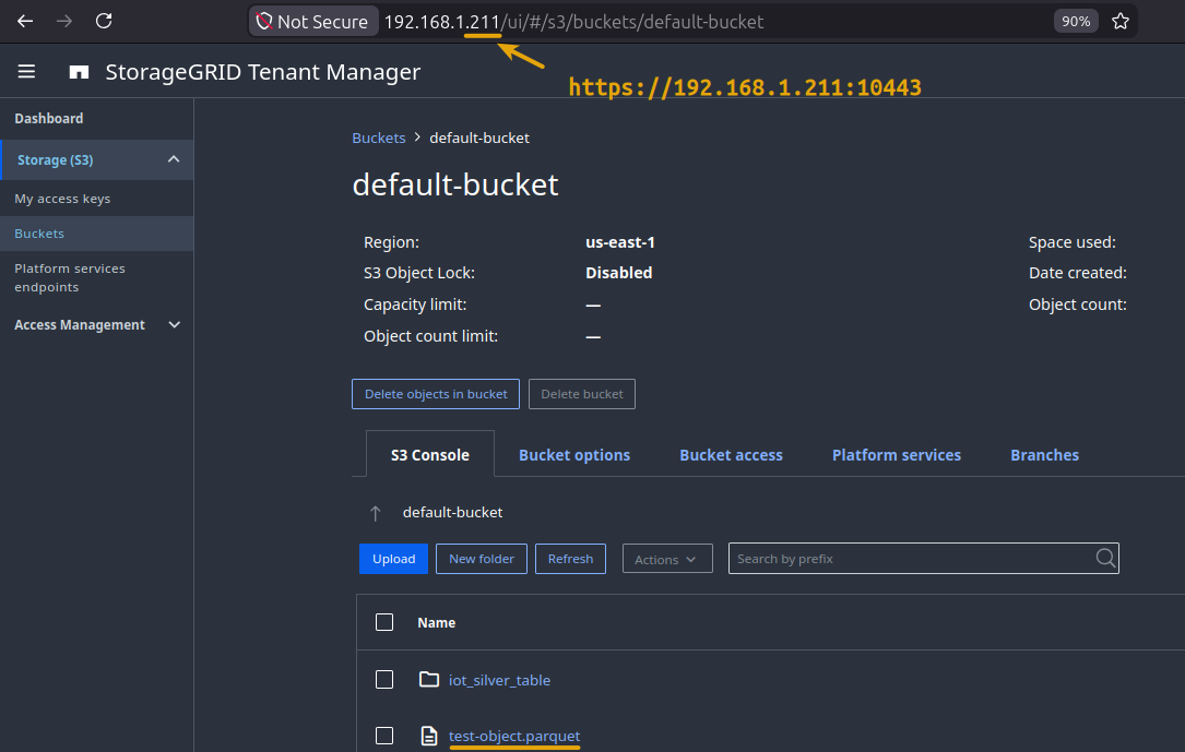 StorageGRID bucket default-bucket