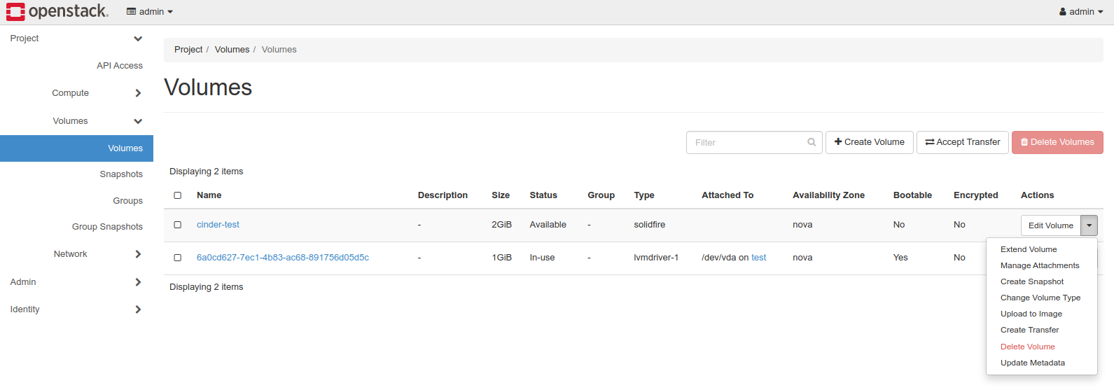 SolidFire Cinder volume options
