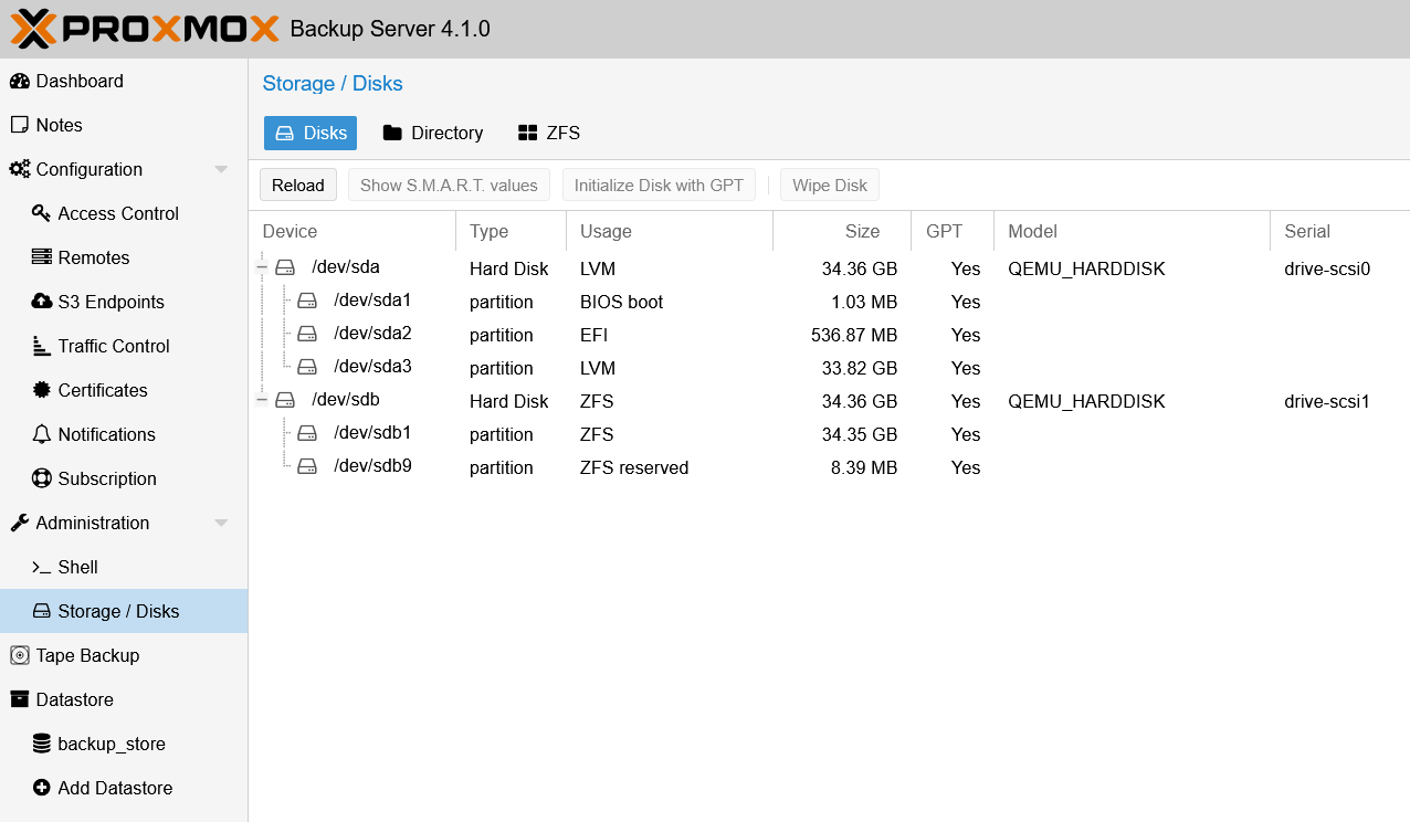 PBS storage configuration
