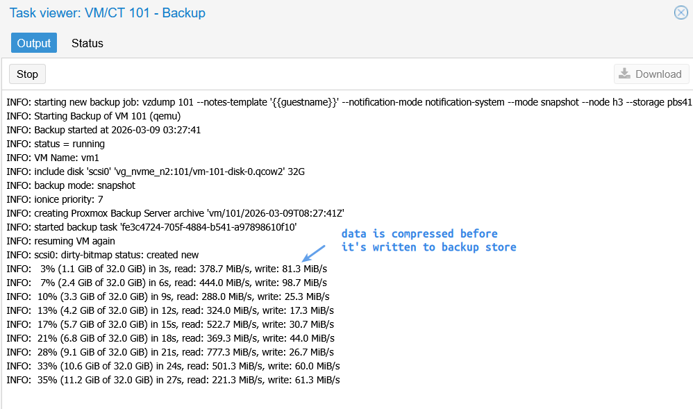 PBS backup job captured above