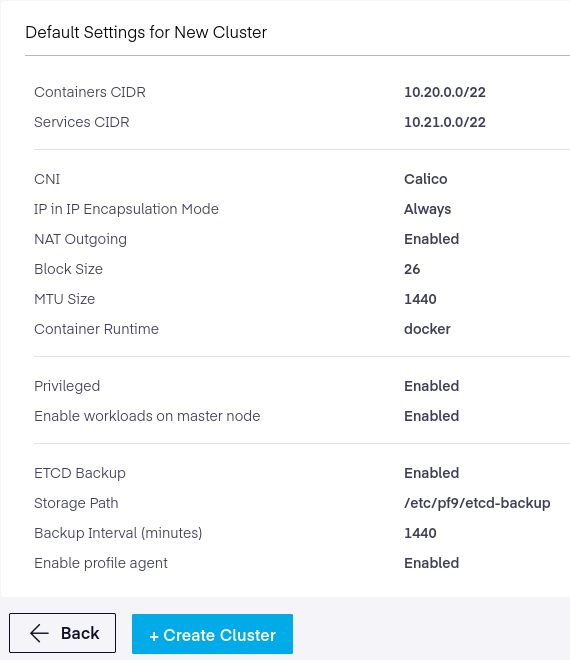 Default settings for new PMK on-prem cluster