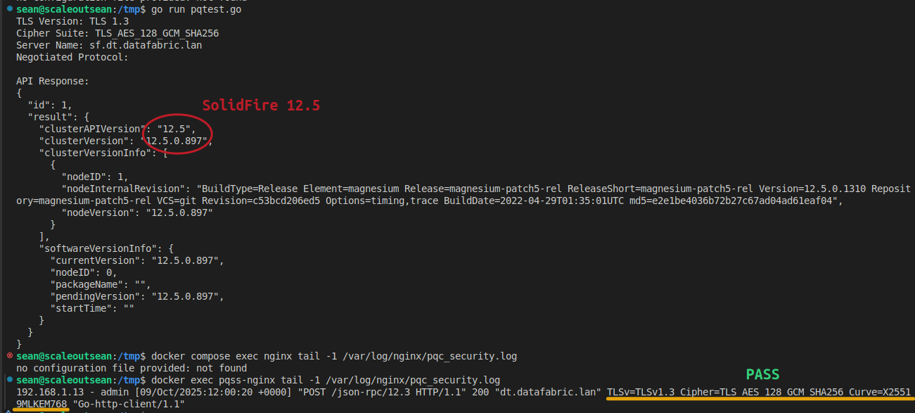 Successful PQ TLS to SolidFire with Go 1.25.2