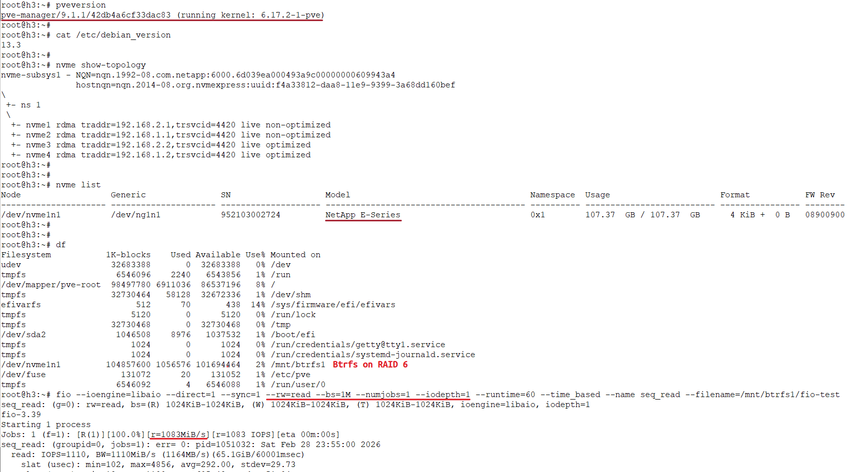PVE 9 100pct sequential read with Btrfs on NVMe/RoCE (EF600)