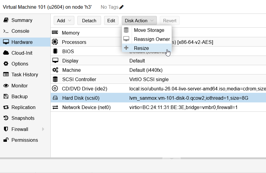 PVE VM disk action - Resize