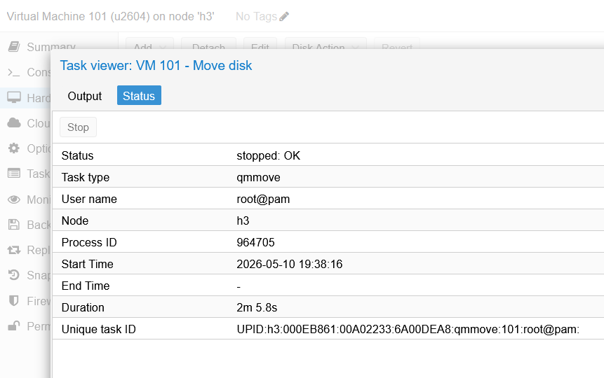 PVE VM disk move storage duration