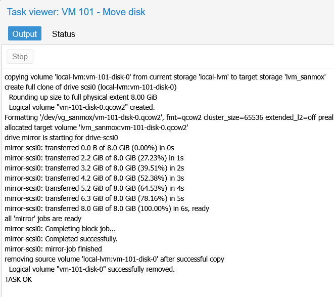 PVE VM live disk move storage task