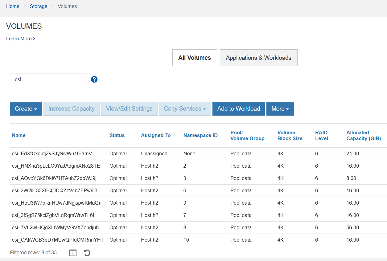Qdrant volumes in SANtricity Web UI