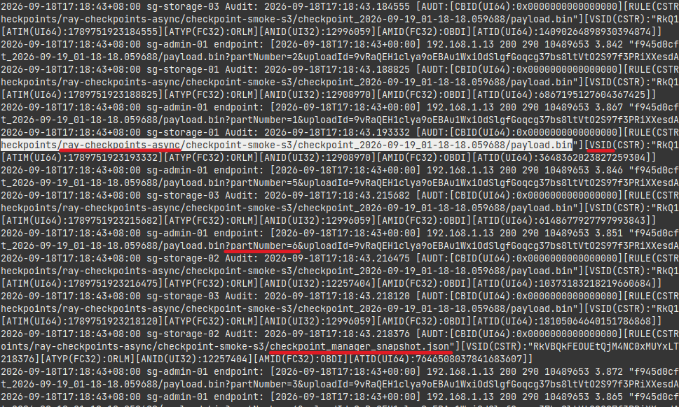 StorageGRID log of Ray checkpoints
