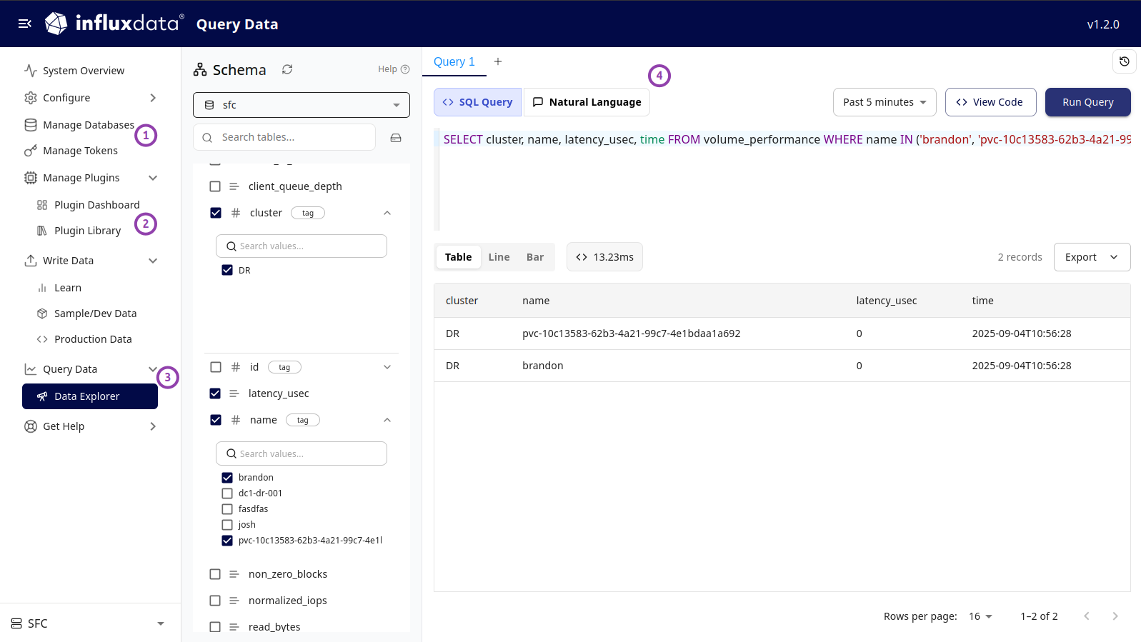 SFC database in InfluxDB Explorer