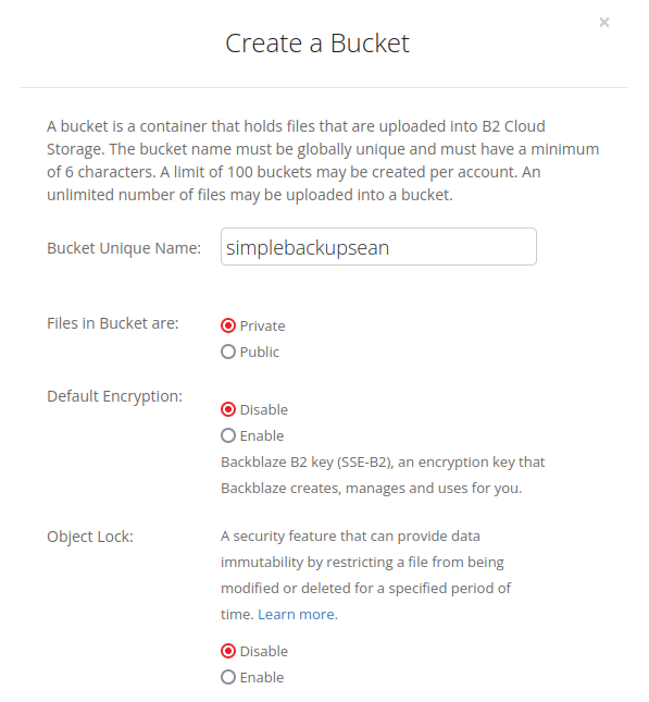 Create Backblaze bucket for backup