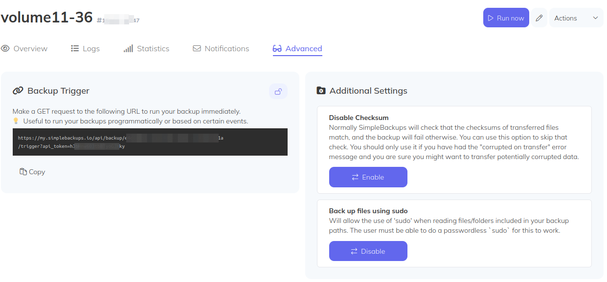 Backup trigger URL in Simple Backups backup job