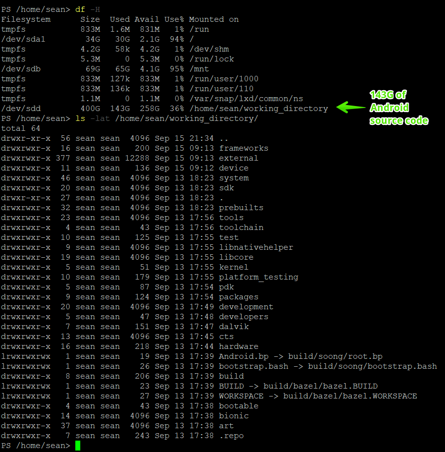 Directory listing of Android source code