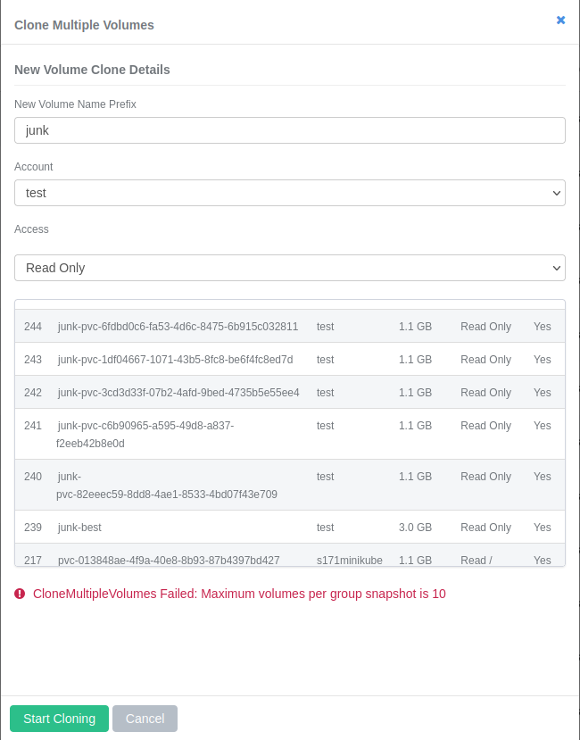SolidFire clone multiple volumes feature
