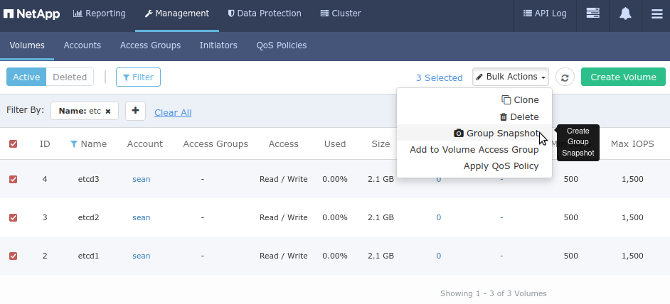 Create SolidFire group snapshot