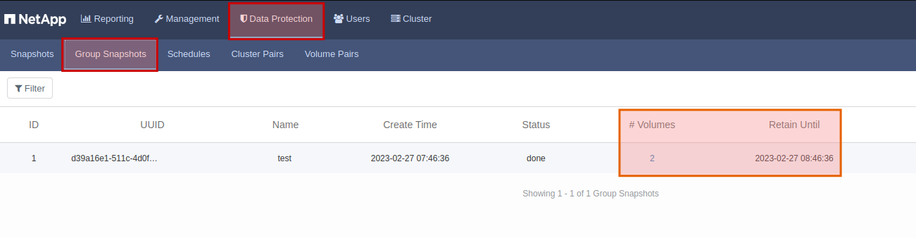 List SolidFire group snapshots