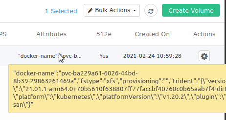 Trident-inserted SolidFire volume attributes in SolidFire UI at Active site