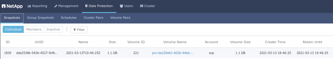 SolidFire snapshot at Standby site