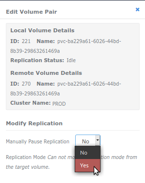 Pause SolidFire volume replication