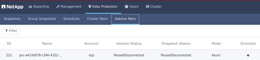 Pause SolidFire replication for a volume