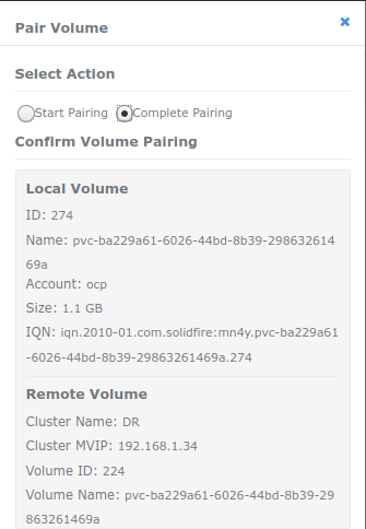 Trident-inserted SolidFire volume attributes in SolidFire UI at Active site