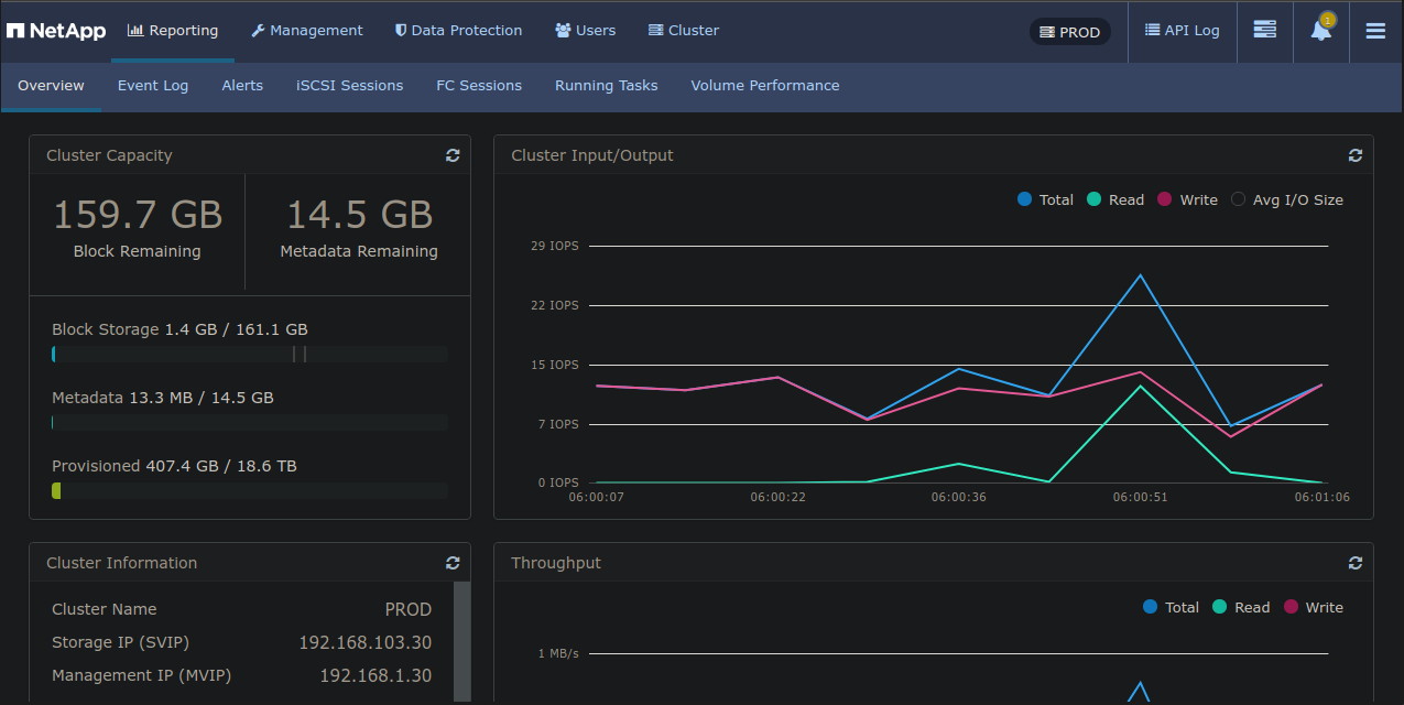 SolidFire Web UI in Dark Mode