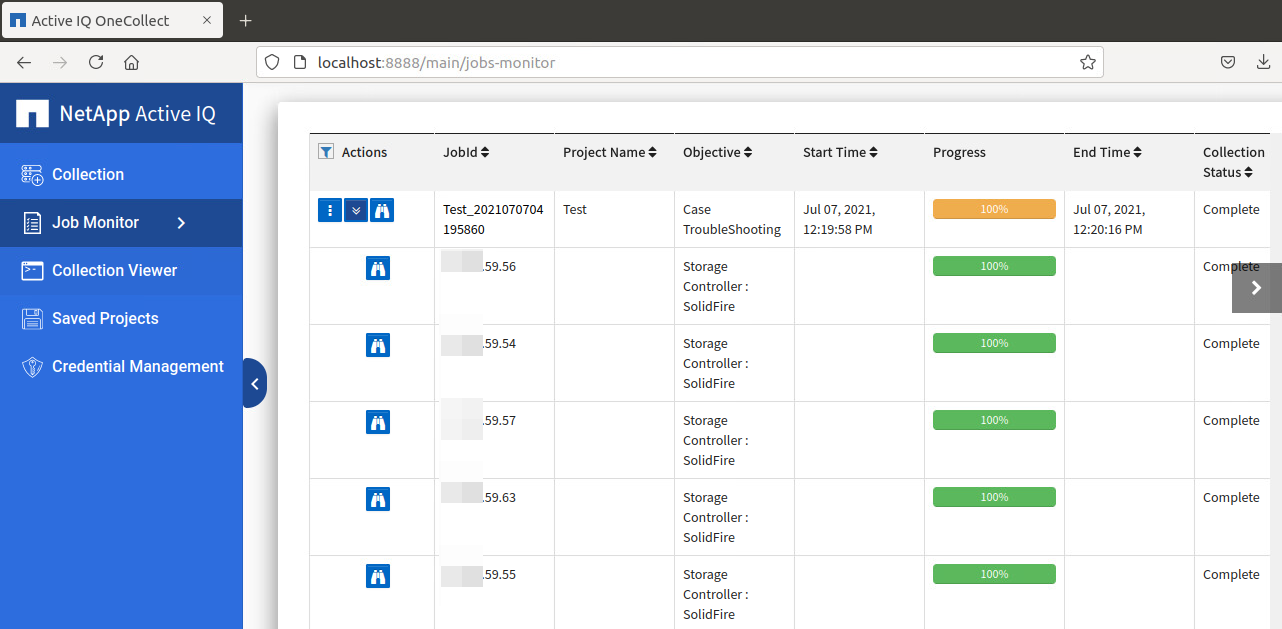 NetApp ActiveIQ OneCollect tool job summary