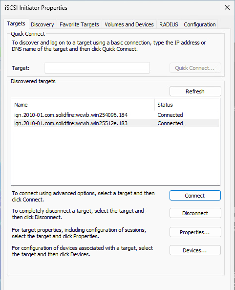 Windows iSCSI client is connected to two targets