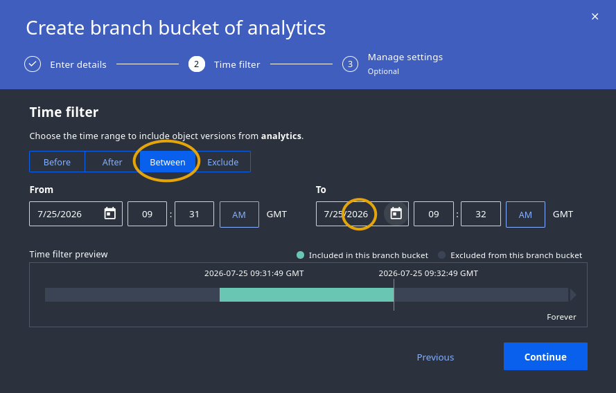 Snapshot options for a bucket