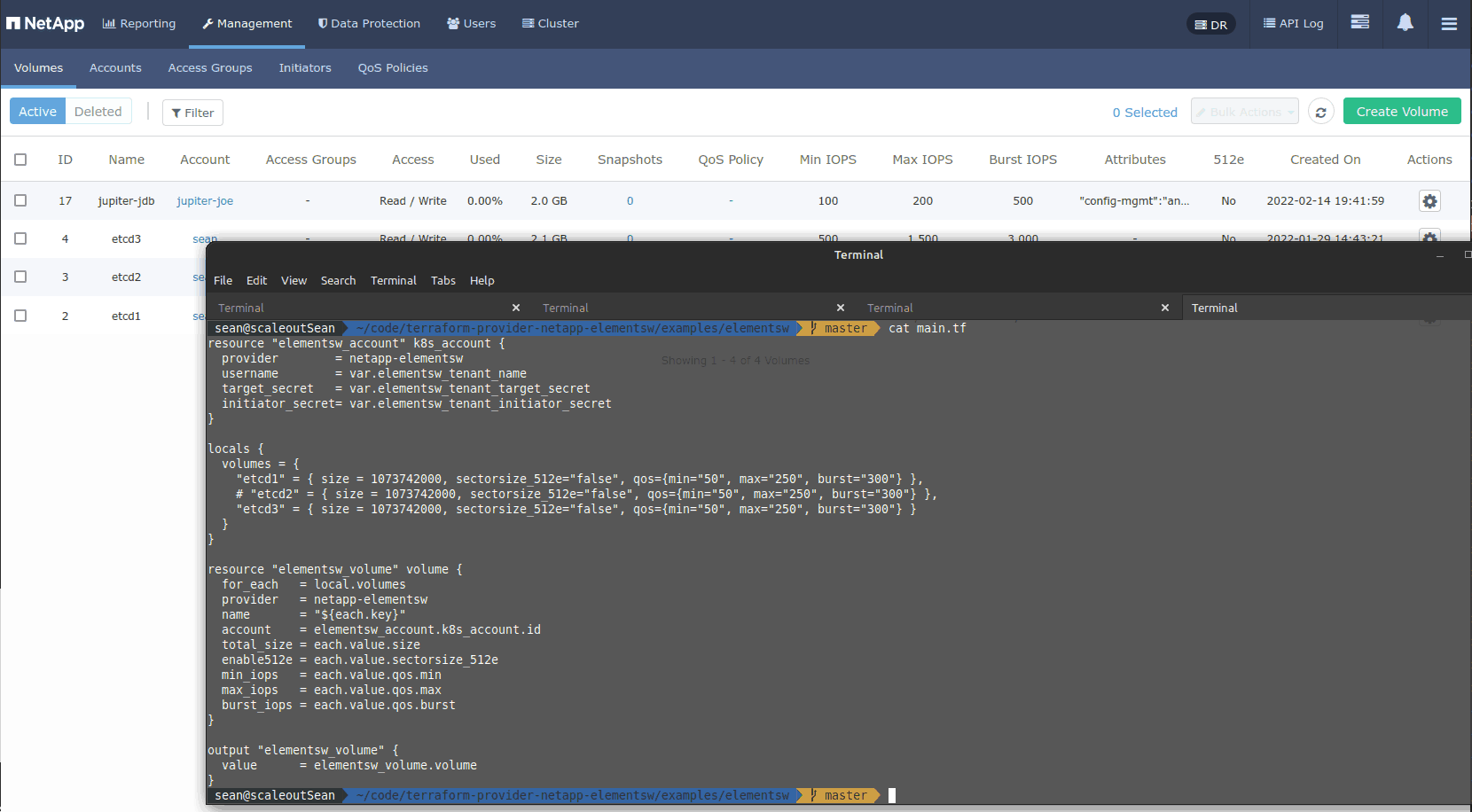 Volume create, update, delete with Terraform and SolidFire