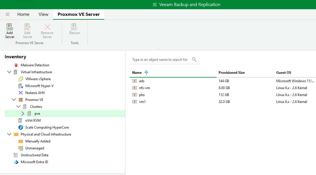 Veeam B&R and PVE VMs